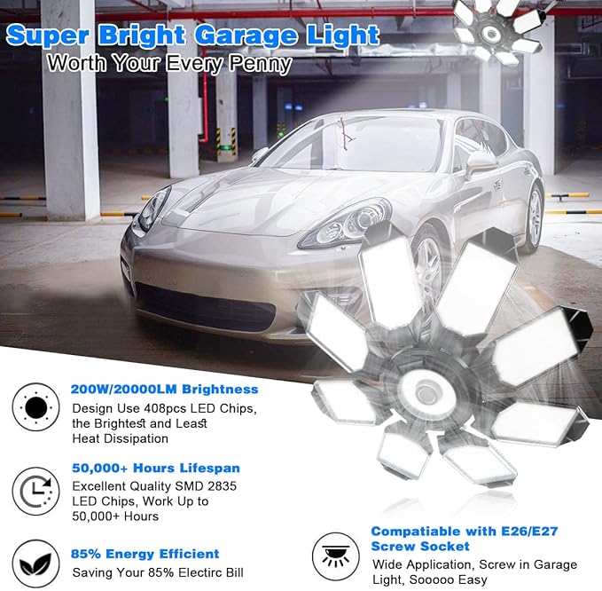 Garage Lighting - 80000LM Super Bright 6500K Garage Lights Ceiling Led w/ 8 Deformable Panels Compatible for E26/E27 Screw in Garage Light Bulb for Shops Barn Basement Attic - 4Pack