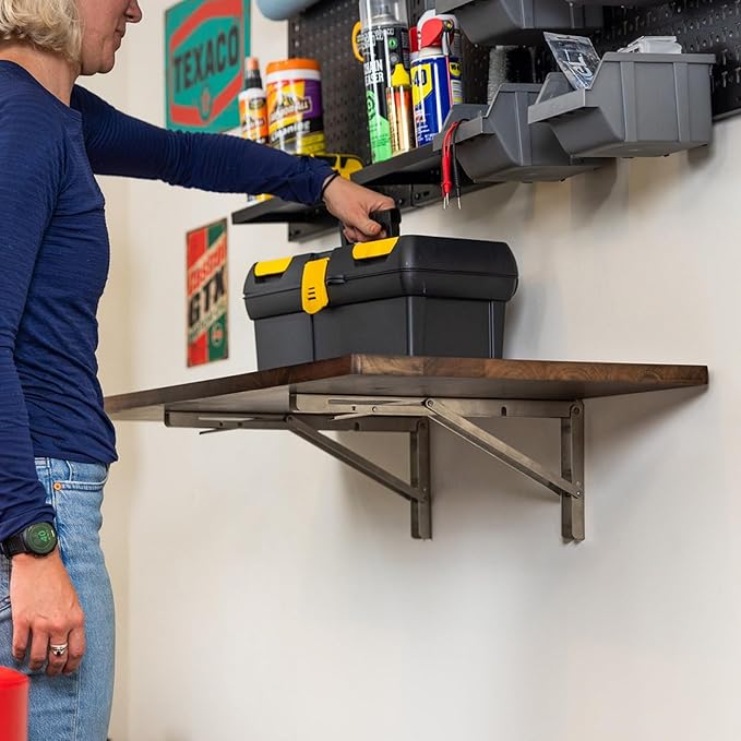 StoreYourBoard Wall Mounted Foldaway Table, Dark Wood Butcher Block Folding Desk, 40" x 18", Black Steel Brackets