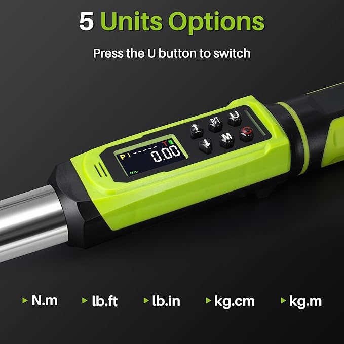 Digital Torque Wrench 1/2"Drive-3.8-250.8Ft.Lb/5.1-340N.m, Electric Torque Wrench With Dual Direction Vibration Buzzer LED Indicator,±2% Accuracy Five Units for Bike Motorcycle Car Auto Repair
