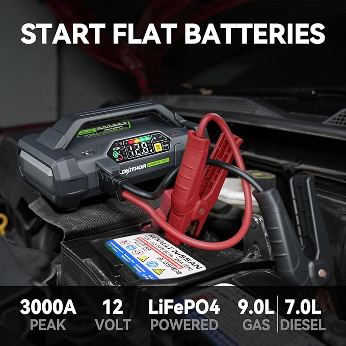 LOKITHOR LIFEPO4 Series JA3000 PRO Jump Starter with Air Compressor, 3000 Amp 12 Volt Battery Pack, Portable Jump Box and Jumper Cables for 9.0L Gas and 7.0L Diesel Engines, 2000 Cycle Life