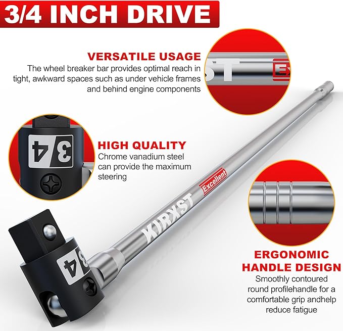 32-Inch 3/4” Drive Breaker Bar, Heavy Duty Extension Breaker Bar, 250° Rotatable Head, Premium Chromium Molybdenum Steel, Mechanical Work, Automobile and Motorcycle Maintenance and Repair