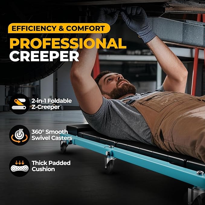 Auto Dynasty 48" Z-Creeper Seat, 2-in-1 Foldable Garage Creeper Shop Seat, 330 LBS Capacity Automotive Mechanic Repair Under Car Rolling Creeper Seat, Sky Blue