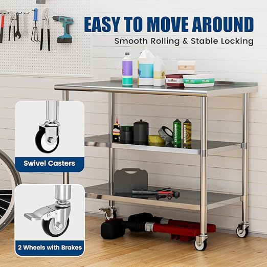 Stainless Steel Work Table with Wheels, 24x60 Inch NSF Food Prep Table with Backsplash & 2 Adjustable Undershelves for Commercial Kitchen, Restaurant, Garage