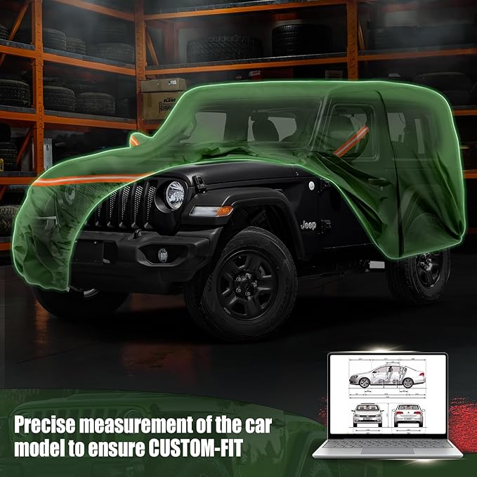 Waterproof Car Covers Replace for 2007-2025 Jeep Wrangler 2 Door, Multilayer Heavy Duty with Cotton Liner All Weather Car Cover with Zipper Door, Windproof Bands for Snow Rain Dust Protection