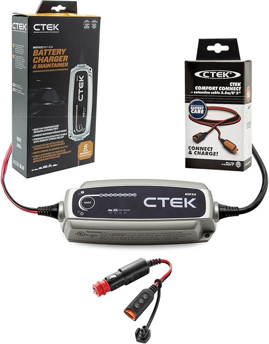 CTEK Bundle | 40-206 MXS 5.0 Fully Automatic 4.3 Amp Battery Charger Maintainer 12V | Including CTEK Indicator and CTEK Extension Cable - Top Accessories for Complete Battery Maintenance