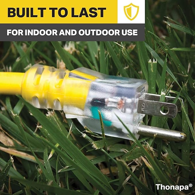Thonapa 2 Pack Lighted Outdoor Extension Cord 25 ft - 12 Gauge 15 Amp Heavy Duty Power Extension Cords - SJTW - Great for Major Appliances, Power Tools, Garden Supplies - Yellow