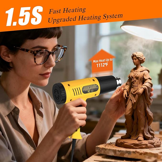 Heat Gun 572&1112℉ Dual Temperature Control Rapid Heating Heavy-Duty Hot Air Gun Kit, Includes 4 Nozzles, Suitable for Crafts, Heat Shrink PVC, and Paint Removal(JF-2001W)