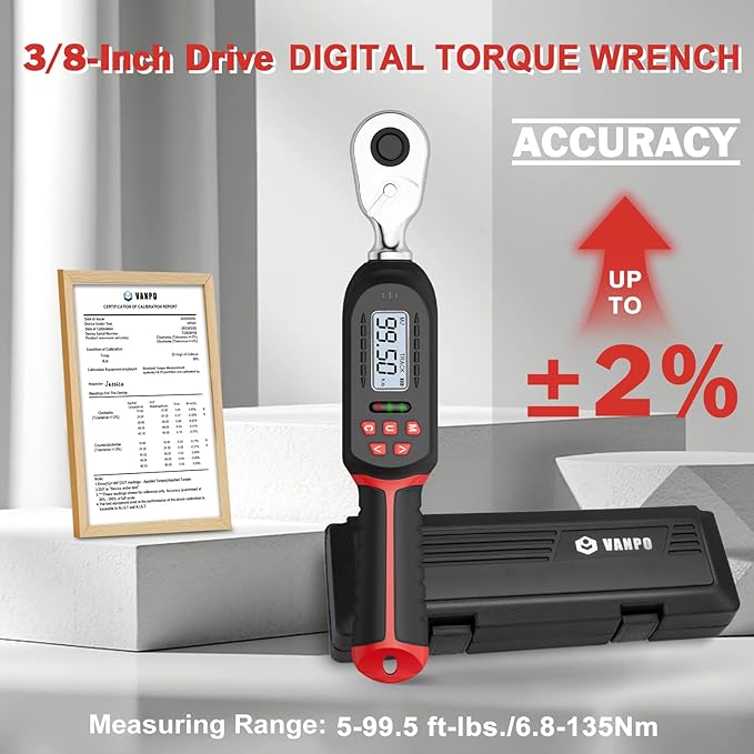 VANPO Digital Torque Wrench 3/8-Inch Drive 5-99.5 ft-lbs./6.8-135Nm, ±2% Torque Accuracy, Electronic Torque Wrench with Preset Value, Buzzer and LED Notification for Automotive Motorcycle & Bicycle