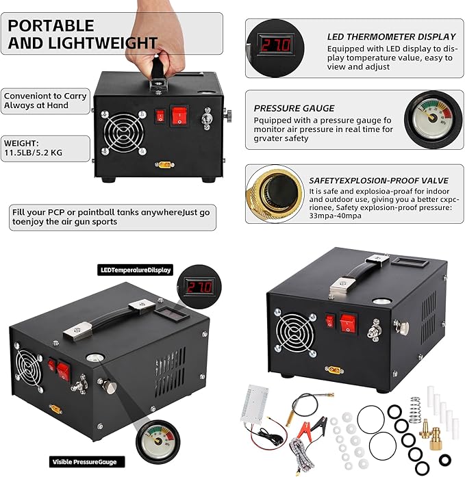 PCP Air Compressor, 4500Psi/30MPa, 12V DC/120V AC Airgun Compressor with Manual Shut-off, Built-in Filter Suitable for Airguns, Paintball Guns, High-Pressure Cylinders, Diving Tanks