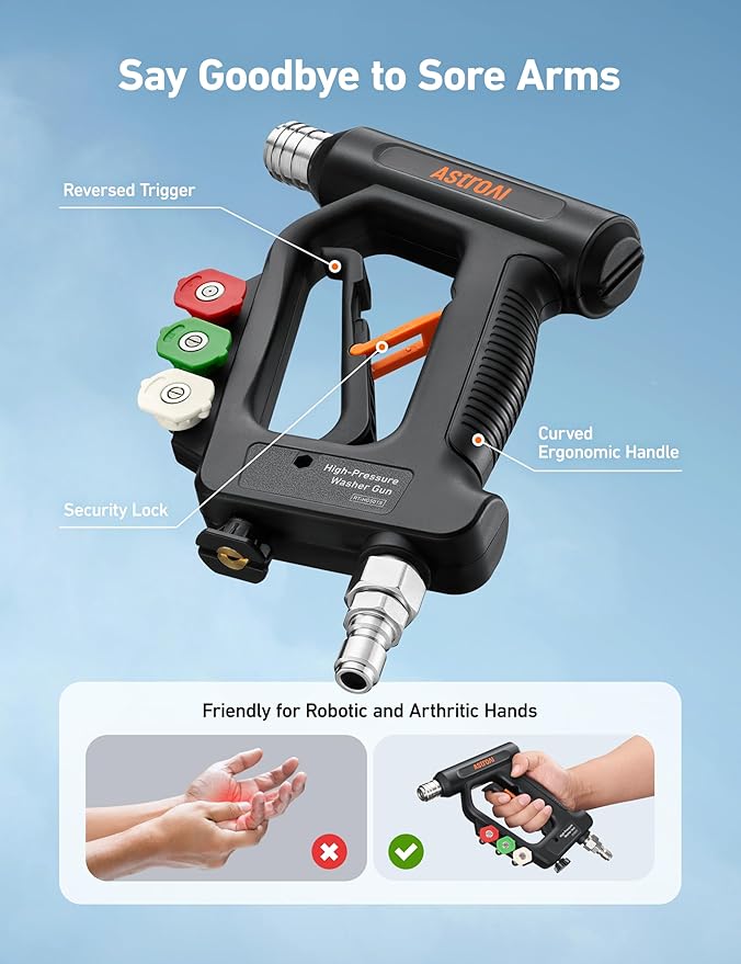 AstroAI Short Pressure Washer Gun with Swivel - High Pressure Washer with 4 Nozzles and 3/8” Swivel Quick Connector Plug - 4060PSI Max and Compatible with Hose, Foam Cannon Car Wash Foam Gun, Black