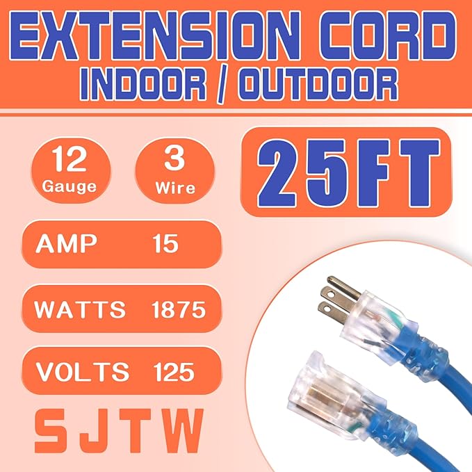 Outdoor Extension Cord with Lighted End, 12 Gauge Heavy Duty 25 FT, 3 Prong Grounded 15 Amp Extension Cord, 12/3 SJTW Waterproof Power Cord for Appliance, UL Listed, Blue