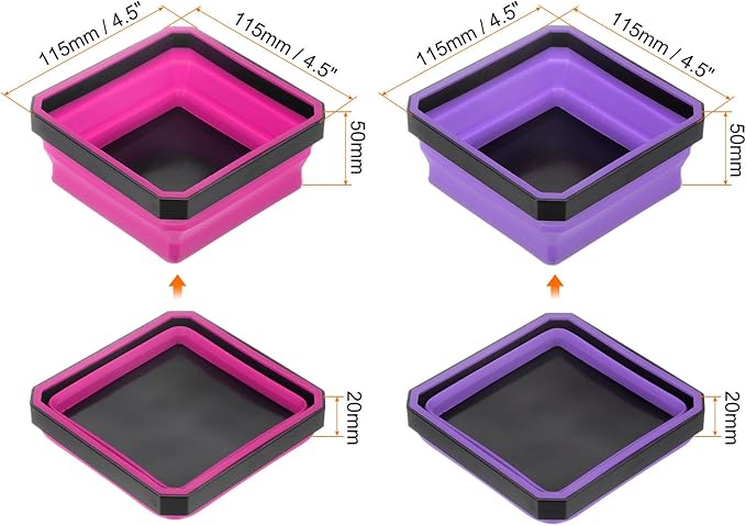 HARFINGTON 2Pcs Collapsible Magnetic Parts Tray Foldable Tool Trays Square Small Metal Parts Organiser for Fixing Screw Bolts Nuts Washers Pins, Rose Red, Purple