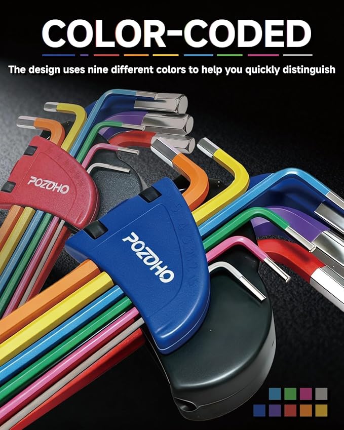 19-Piece Metric(1.5-10mm) & SAE(1/16"-3/8") Allen Wrench Set, Color-Coded Ball End Hex Key Set with Bonus Torque Handle, Extra-Long, Anti-Rust for Motorcycle, Car Repair & DIY, PTM01019B