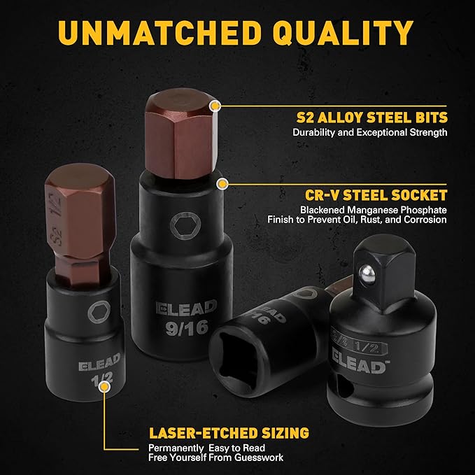 16-Piece SAE Hex Bit Impact Socket Set - Premium S2 Steel 5/64"-9/16" Allen Socket Set with Socket Adapters, 1/4”, 3/8” and 1/2” Drive | Professional Mechanic Garage Tools