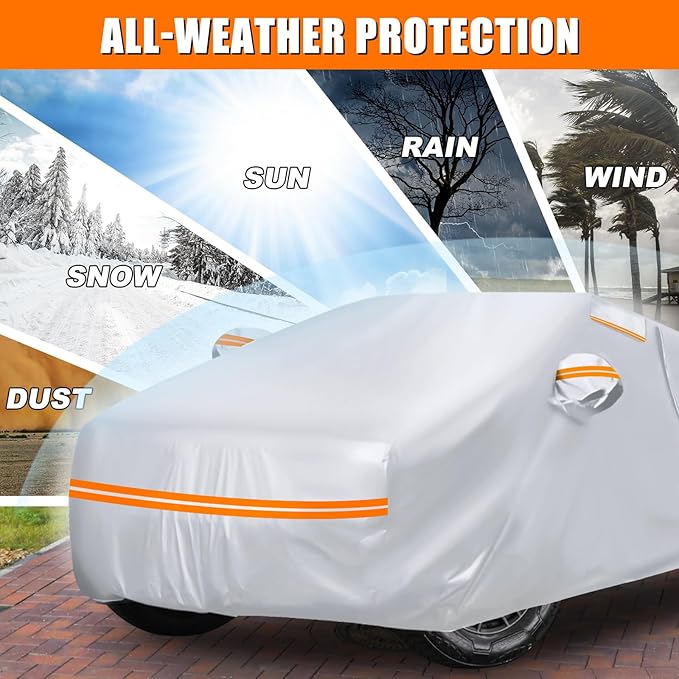 Waterproof Car Cover Replace for Tesla Cybertruck, 6 Layers Silver All Weather Full Car Covers with Zipper Door & Windproof Bands for Snow Rain Dust Protection