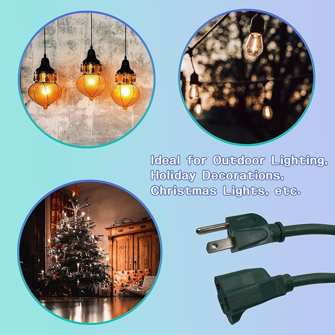 Indoor Outdoor Extension Cord 15 FT, 16/3 SJTW Weatherproof Green Electrical Cords, 13 AMP Heavy Duty 3 Prong Power Cable Great for Garden, Landscaping & Holiday Decorations