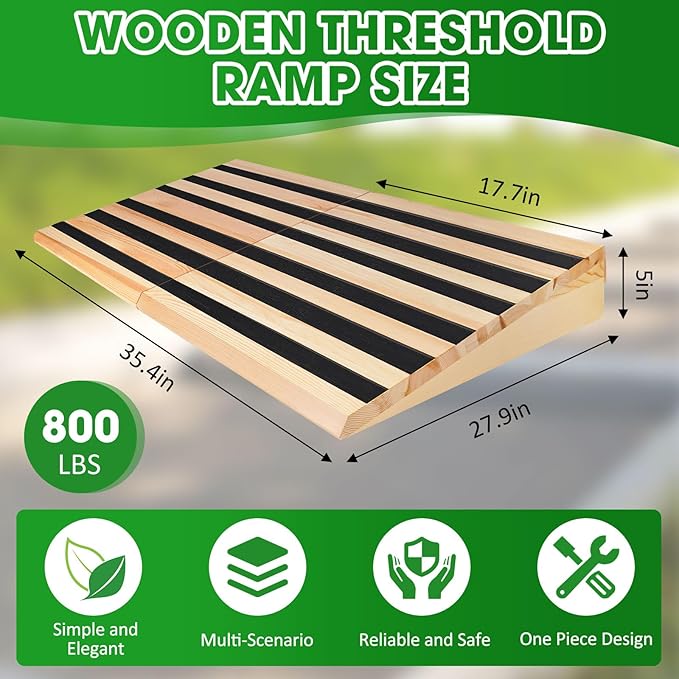 Wooden Threshold Ramp for Home Steps, 5" Rise Doorway Ramp for Wheelchair/Walker/Cart/Scooter, Multipurpose Door Ramp with Non-Slip Stripes(35.4" W*5.0" H, Solid Wood, 800LBs Capacity)