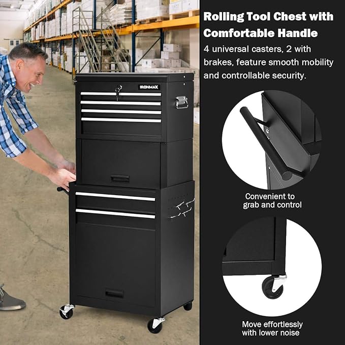 Goplus Tool Chest, 3-in-1 Rolling 6 Drawers Tool Cabinet with Detachable Top Toolbox, Middle Tool Storage, Universal Lockable Wheels, Protective Liner, Auto Lock, Metal Tool Box for Garage Workshop