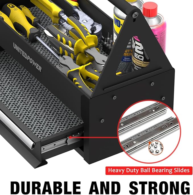 UNITEDPOWER Handy Tool Box With 1 Drawer，Portable Metal Tote Tray with comfortable grip handle, Tool Organization for Household, Warehouse, Repair Shop, Black