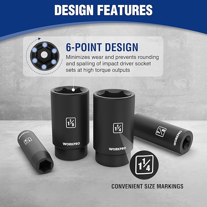 WORKPRO 20-Piece 1/2＂ Drive Deep Impact Socket Set, 6-Point, Cr-V Steel, 10-27mm, Universal Joint, Adapter and Extension Bar, SAE