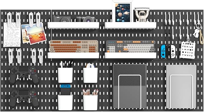 MULSAME Pegboard Combination Kit, Wall Mounted Storage Set with 8 Pegboards & 32 Accessories Hanging, Black Peg Boards Organizer for Walls Display, Crafts Organization, Kitchen Organizer, 22" x 44"
