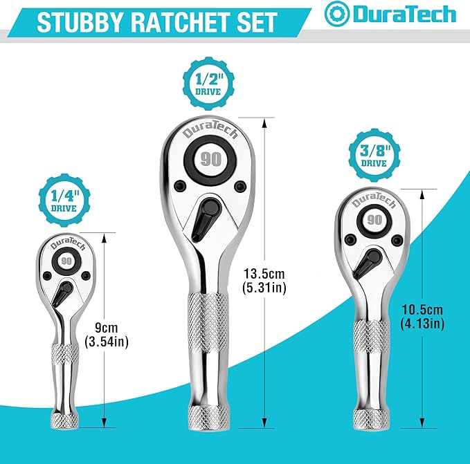 DURATECH 3PCS Stubby Ratchet Wrench Set, 90-Tooth 1/4" 3/8" 1/2" Drive Socket Wrench, Mini Small Ratchet with CR-MO Head, Quick-Release & Reversible Design, Full Polished, EVA Organizer