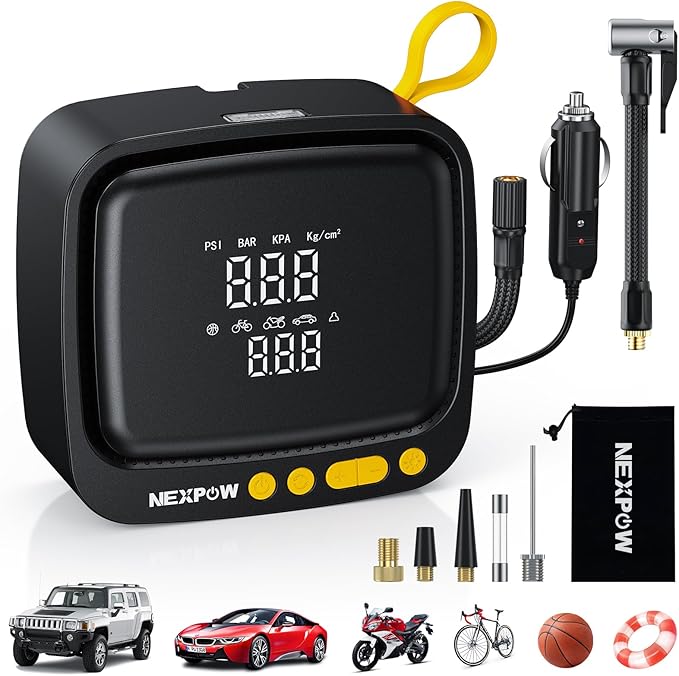 Tire Inflator Portable Air Compressor, NEXPOW 150PSI 12V DC Air Pump with Dual Digital Pressure Gauge & Auto Shut-Off, Air Compressor Portable with LED Light for Car, Motorcycle, Bicycle, Ball, Yellow