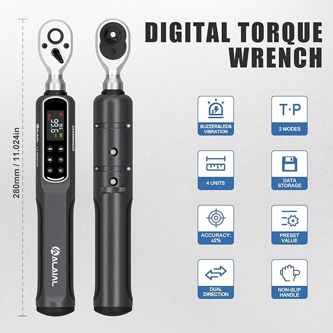 3/8" Digital Torque Wrench 1.5-99.6Ft.Lb/2-135Nm, ±2% Accuracy Electronic Torque Wrench with LED Display, Buzzer & Vibration Alert for Automotive, Car, Motorcycle, Bike Repair, Mechanics, DIY