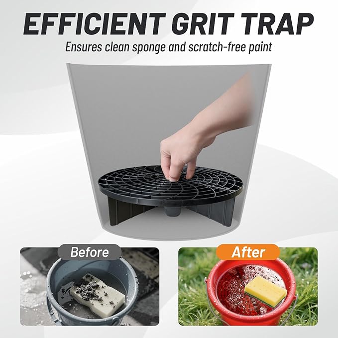 ROBLOCK 5 Gallon Bucket Dolly Roller with Dirt and Grit Traps Insert, Car Hose Guide, Bucket Tool Organizer, 3 Removable Bottle Holders, 5-in-1 Car Wash Kit for Cleaning Detailing Carrying