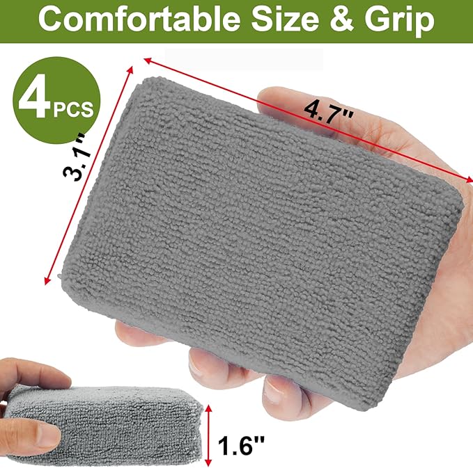 4 PCS Microfiber Applicator Pad, 4.7"x3.1" Scratch-Free Foam Buffing Scrub Pads, Car Wash Sponges for Effortless Detail Polishing, Waxing, Tire Shining, Interior Cleaning, Scrubbing (Grey)