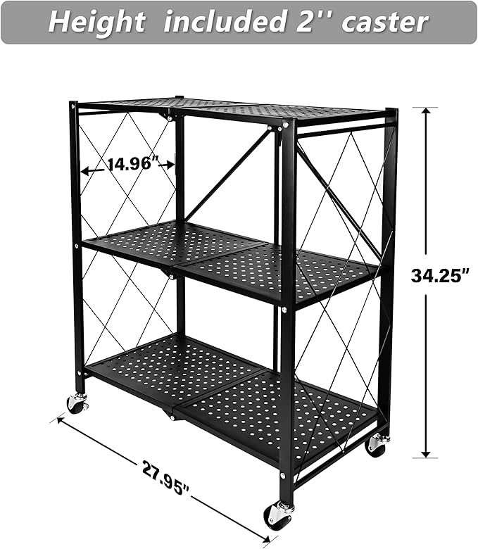 3-Tier Foldable Metal Shelves Heavy Duty Storage Shelving Unit with Wheels, Organizer Shelves for Garage Kitchen, Black