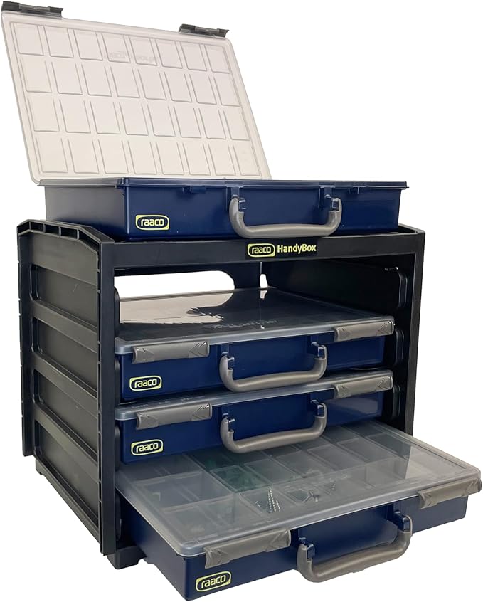 Raaco HandyBox Toolbox Storage & Carrying System – 4 Adjustable Grid Assorters, Durable Polypropylene (PP) Plastic Organizer for Hardware and Small Parts