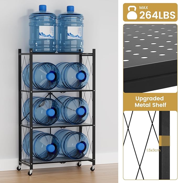 ALANNG Heavy Duty 4-Tier Folding Shelf with Wheels, No Tools Assembly Metal Storage Rack Cart, 264LBS Capacity for Kitchen, Pantry, Laundry Room, Garage, (Black, 1PACK)