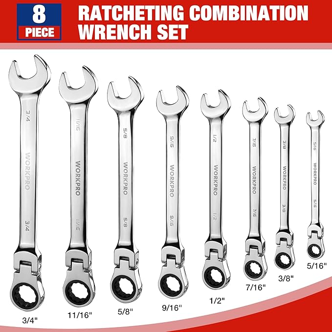 WORKPRO 8-piece Flex-Head Ratcheting Combination Wrench Set, SAE 5/16-3/4 in, 72-Teeth, Cr-V Constructed, Mirror Polished Chrome Plated with Roll Up Pouch