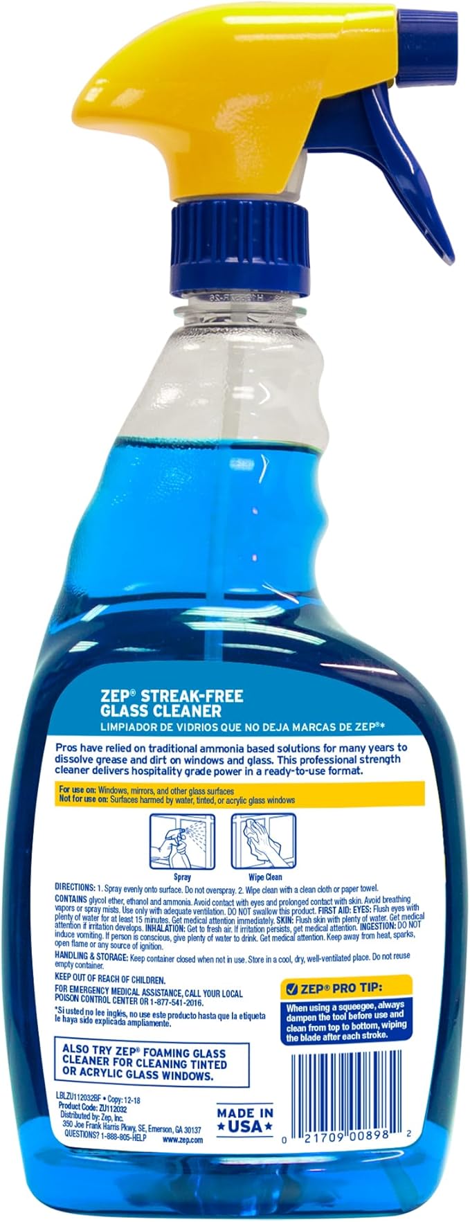 Zep Streak-Free Glass Cleaner - 32 Oz (Case of 12) ZU112032- Professional Grade Formula that Cleans Dirt, Fingerprints, Grime, Smoke Haze, and Toothpaste on Windows, Mirrors, and Other Glass Surfaces
