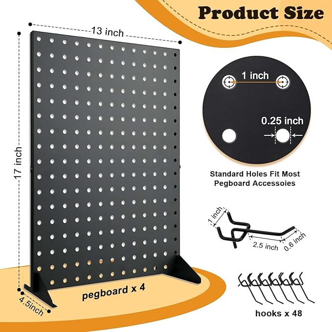 4 Pack Peg Board Display Stand for Vendors with 48 Hooks Metal Tabletop Pegboard Display Stand for Craft Shows 17" X 13" Retail Display Racks For Jewelry Earring Keychain PegBoard Organizer Black