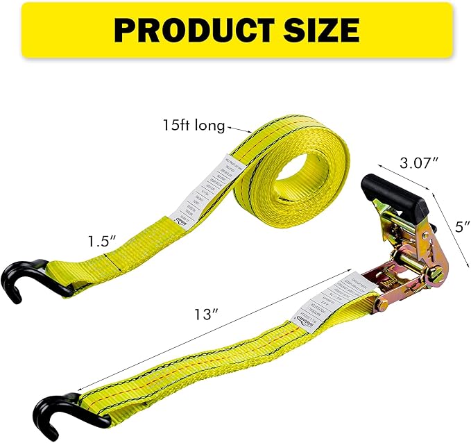 4pcs 1-1/2 x 15 ft Heavy Duty Ratchet Cargo Tie Down Straps 3,000 LBS Break Strength Tie-Down Ratcheting Straps Wire Hook Ends, J-Hook Ratchet Strap TieDowns