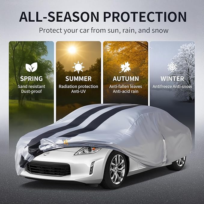 Multi-Layer Car Cover Custom Fit for Nissan 350Z/370Z(2003-2026), 100% Waterproof All Weather for Automobiles, Gift with Towel, Heavy Duty Car Covers for Rain Sun UV Protection with Door Zipper.