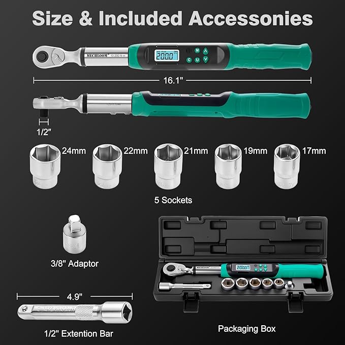 Digital Torque Wrench 1/2 Drive, 7.4–147.5 Ft-lbs / 10–200 N·m, ±2% Accuracy, Dual-Direction Ratchet, Electric Torque Wrench with Buzzer & LED Indicator for Bike, Motorcycle, Auto Repair