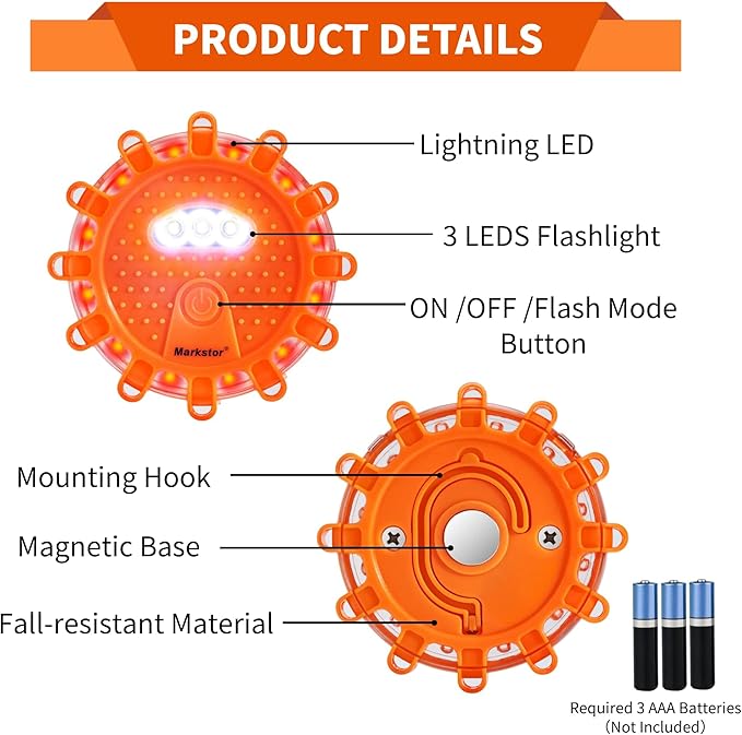 4-Pack-Parts LED Road Flare Car Emergency Kit,Magnetic Base & Hook Road Flares Safety Light With 9 Flashing Modes,Roadside Flares Emergency Lights For Vehicles (4 Pack Parts)