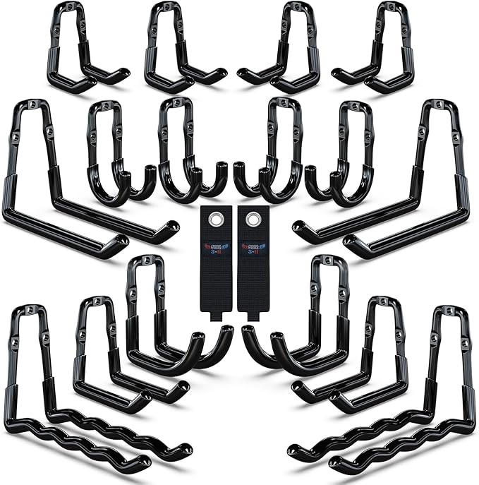 3-H Super Heavy Duty Garage Hooks 14 Pack, One-Piece Construction Garage Wall Hooks, Garage Hanger & Organizer Wall Mount for Ladders, Bikes, Chairs, WeedEaters, Shovels, Garden Tools (Black)