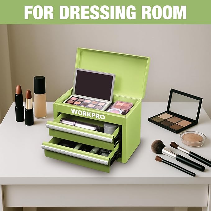 WORKPRO Metal Mini Tool Box, Top Tool Chest containing Two Drawers with Ball Bearing Slides, PVC Drawer Liners and PP Feet Pads, Durable Cold Rolled Steel Small Toolbox for Multi-Purpose Storage