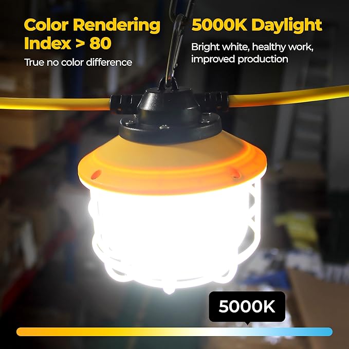 50FT Construction String Lights: 75W Ultra-bright 10500 lumens Linkable ETL Listed 18AWG Wire Industrial Outdoor Temporary Lighting IP65 Waterproof Hanging Led Work Light for Attic Jobsite Garage