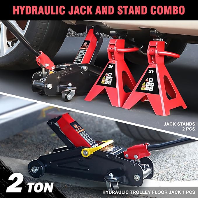 PM PERFORMOTOR Low Profile Hydraulic Trolley Service/Floor Jack Combo with 2 Ratchet Jack Stands, 2 Ton (4000 lbs) Capacity, Red, PM-TOL-FJ3P-RD