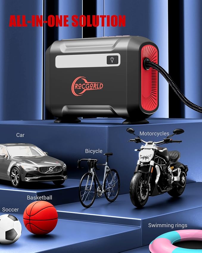ROCGORLD R8 Tire Inflator Portable Air Compressor, DC 12V Air Compressor Portable with Large Dual Digital Screen, 3X Faster Inflation Air Pump for Car, Bike, Ball, Motor