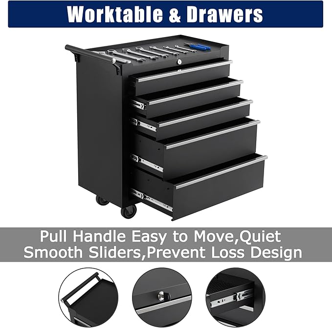 Professional Workstation Version 24" 5-Drawer Rolling Tool Chest - Lockable Storage Cabinet with Wheels for Workshop & Garage Organization