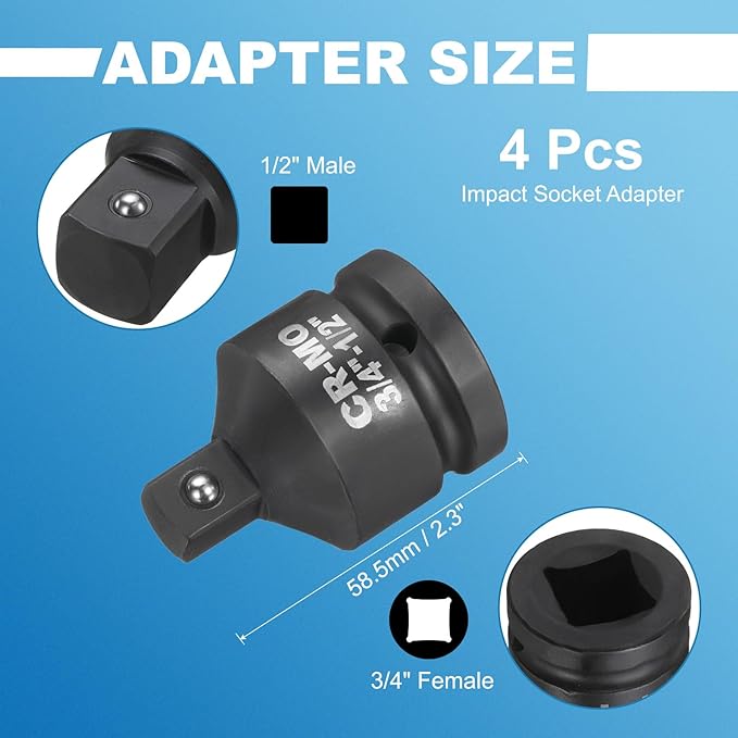 HARFINGTON 4pcs Impact Socket Adapter 3/4" Female to 1/2" Male Square Drive Reducer Standard SAE CR-MO Steel Converter Impact Driver Ratchet Wrench Breaker Bar Conversion, Black