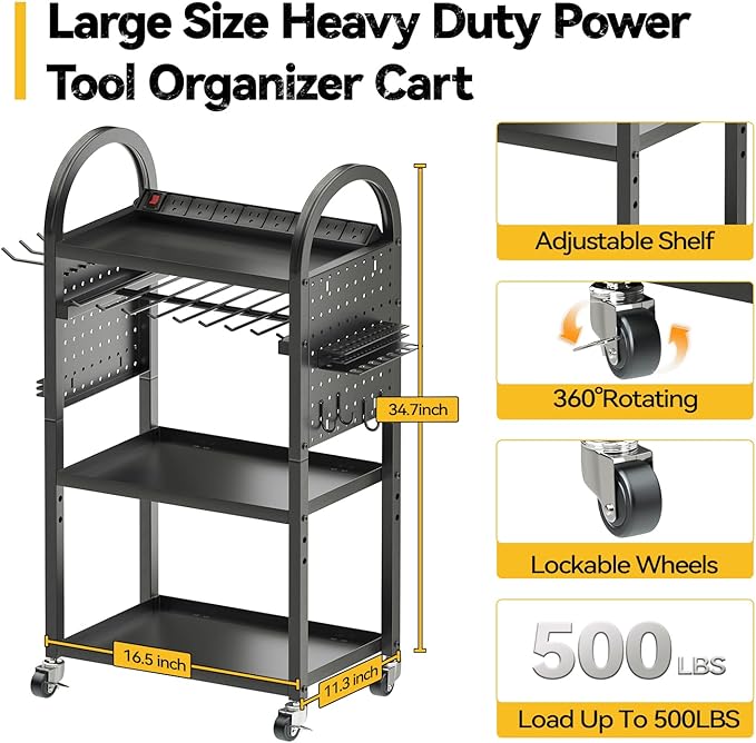 SOYEEZE Storage Cart on Wheels with 8 Outlet Power Strip, Rolling Utility Cart for Garage Organization, Power Tool Organizer with Charging Station, Tool Organizer Cart for Electric Drill/Toolbox