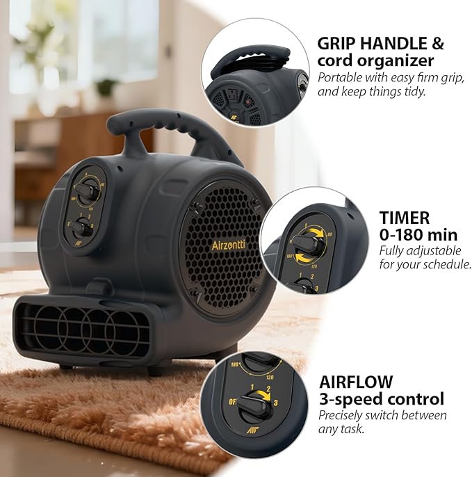 1/4 HP 1100 CFM Industrial Air Mover Blower Fan, High Velocity Floor & Carpet Dryer, 3-Speed Heavy Duty Utility Fan with 3-HR Timer for Water Damage Restoration, ETL Listed - Charcoal Blue
