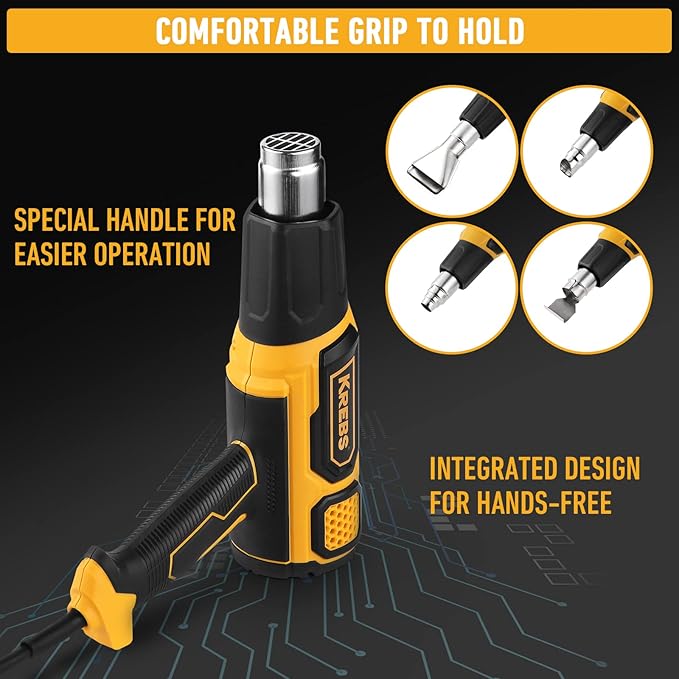 KREBS Heat Gun 1500W 140℉~932℉（60℃- 500℃）Fast Heating Heavy Duty Hot Air Gun Kit Variable Temperature Control Overload Protection with 4 Nozzles for Crafts, Shrinking PVC, Stripping Paint(5.6FT)